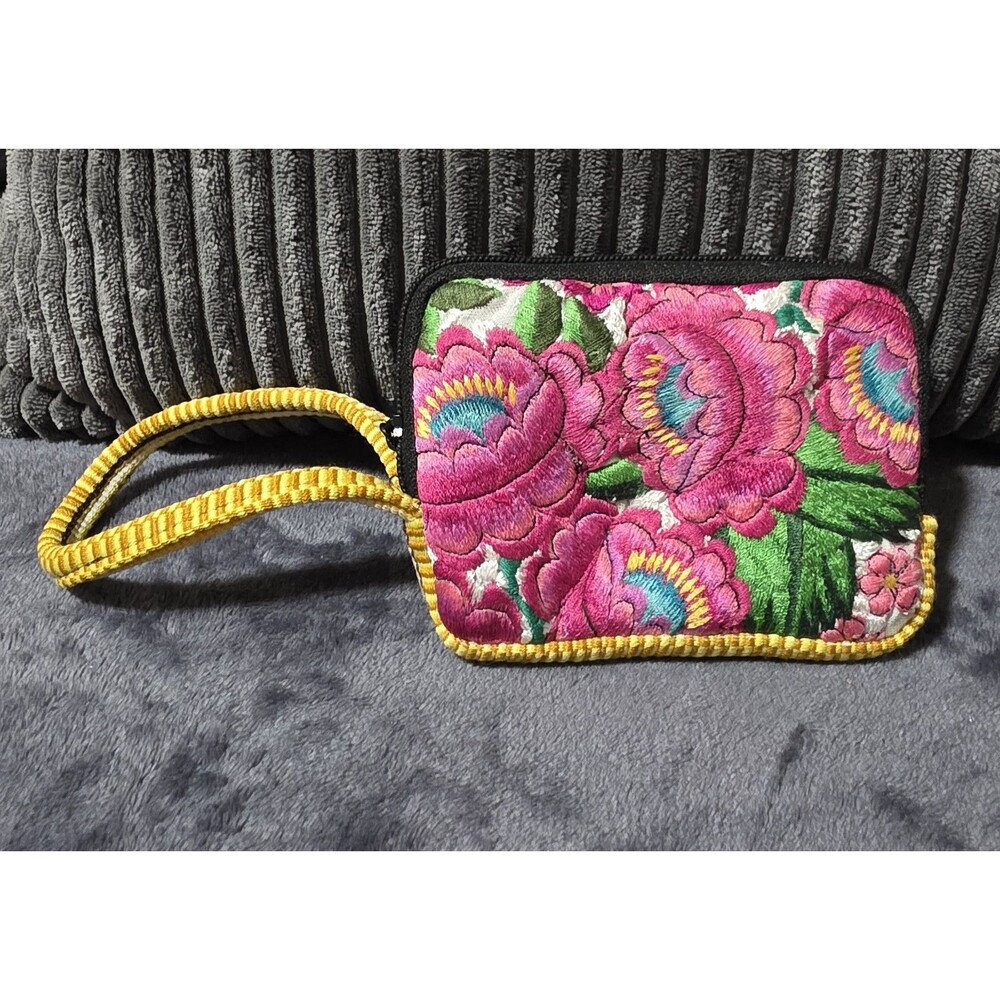 PRETTY Spirit of Nature Wristlet Bag Embroidered Flowers Woven Design & Trim VgC